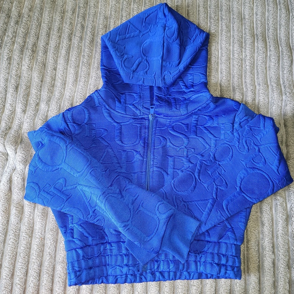 Royal‎ Blue Cropped Zip Up Women's Hoodie Jacket Size Large with Raised Letters